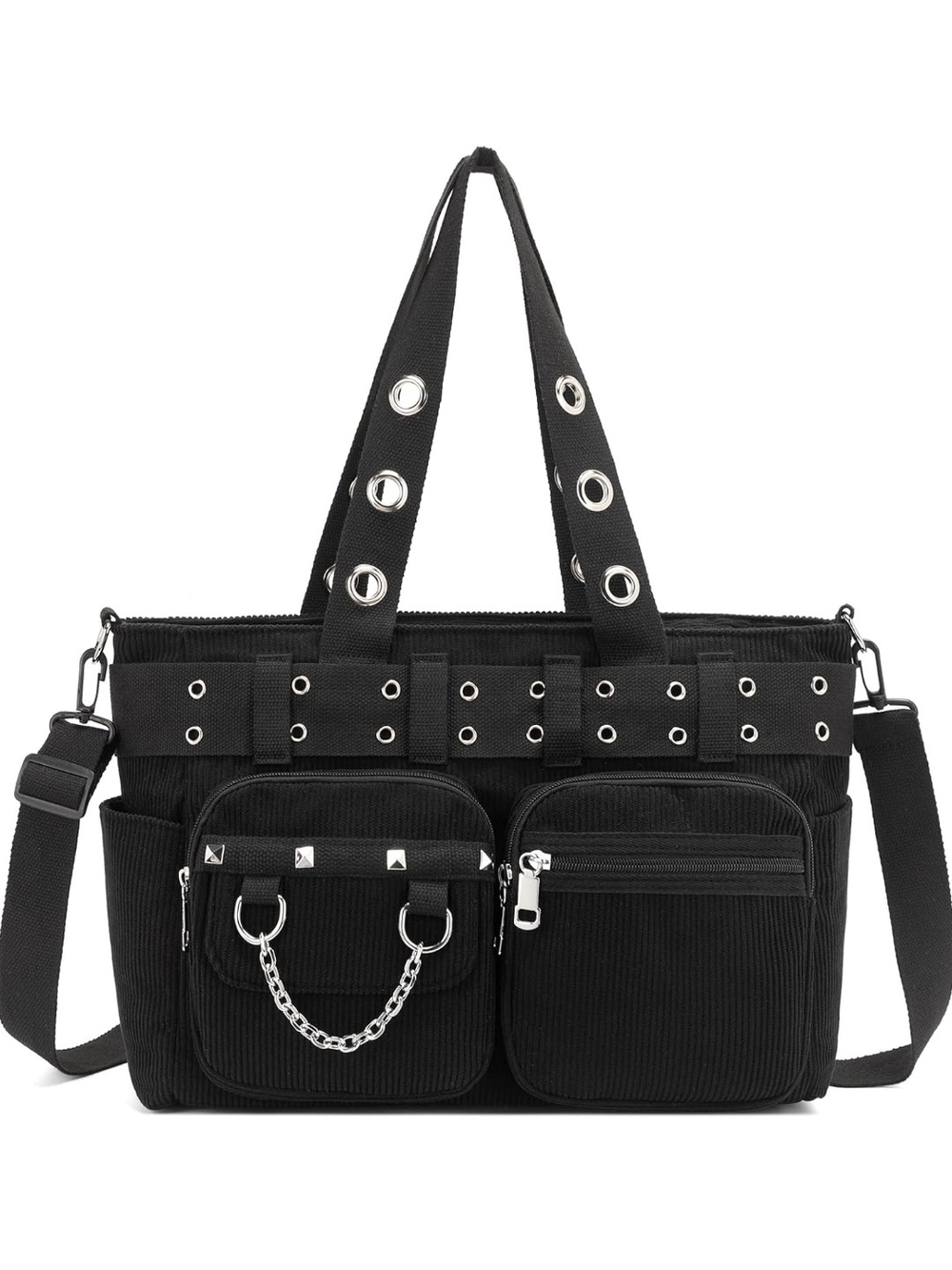 Black Studded Multi-Pocket Tote Bag